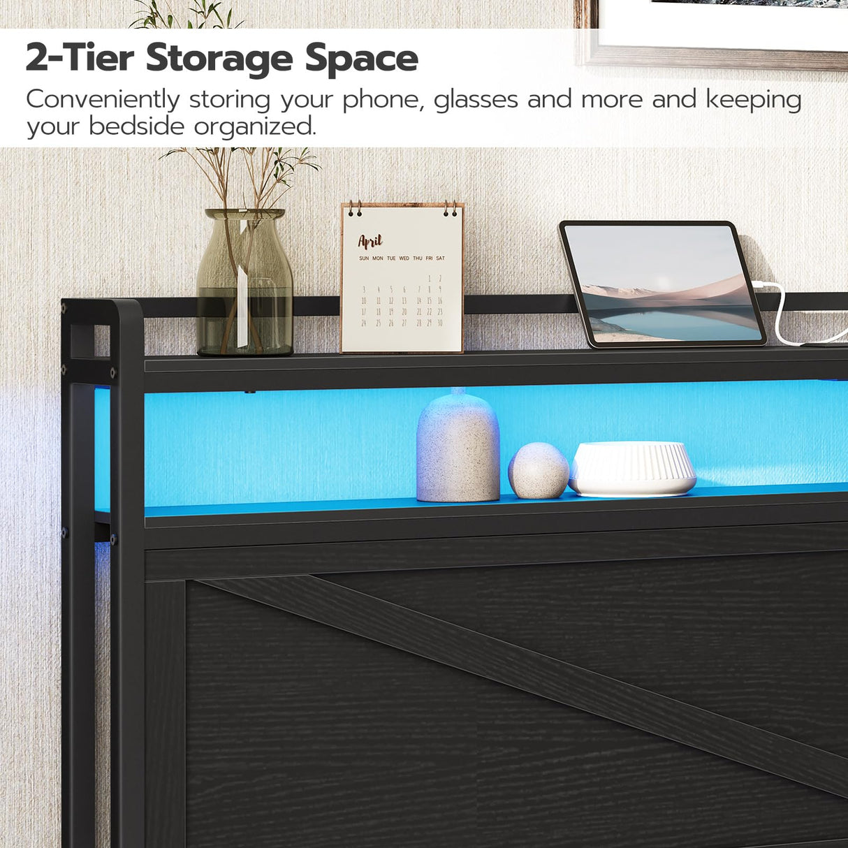 HOOBRO King Size Headboard, Headboard with Charging Station and LED Light Strip, 2-Tier Storage Headboard with Outlets and USB Ports, Industrial Style, Height Adjustable, for King Size Beds, Black HOOBRO