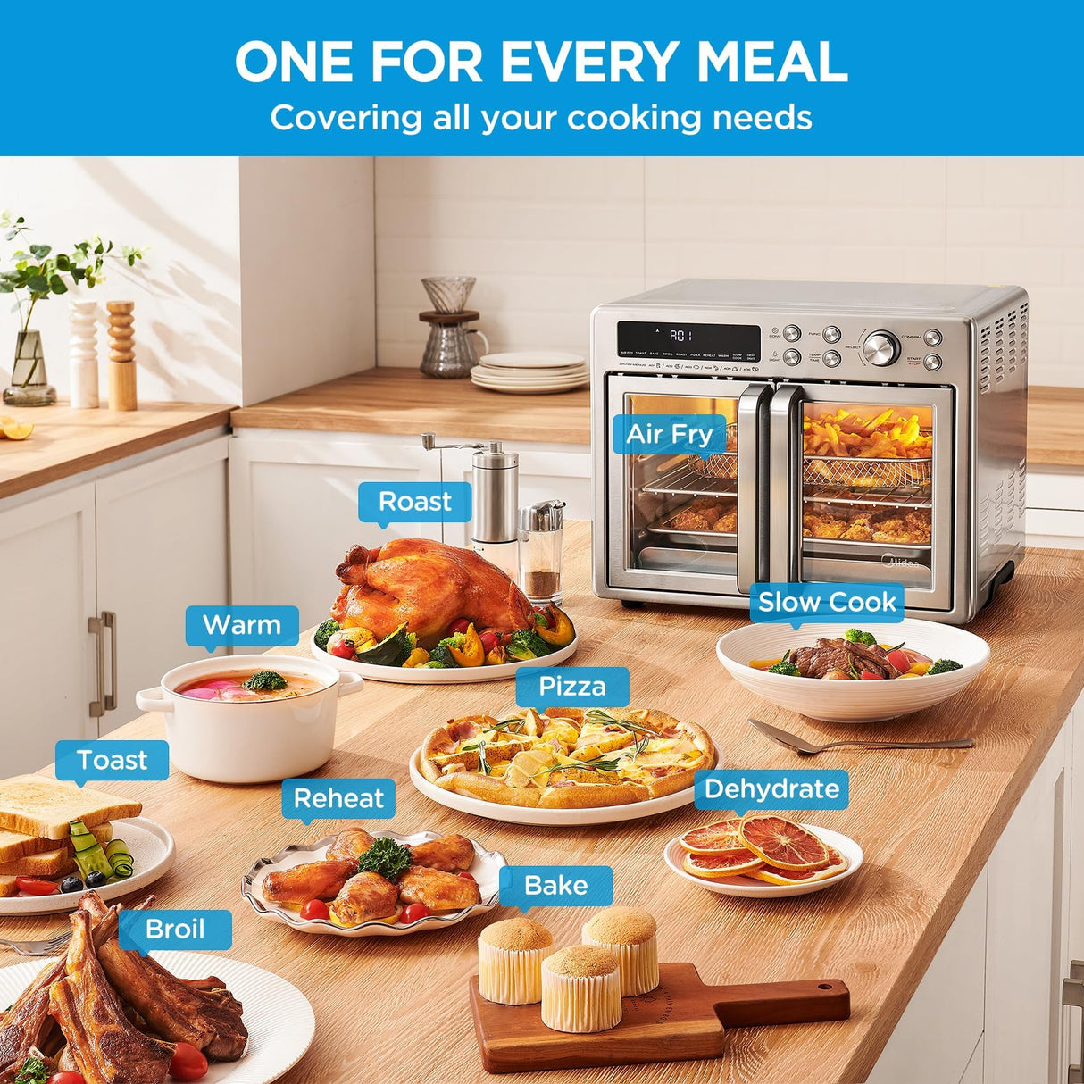 Midea Flexify French Door Toaster Oven Air Fryer Combo, 26.4 QT, Extra Large Air Fryer Countertop Oven 10-in-1 Combo, 25% Faster Cooking and 90% Less Oil, Stainless Steel Midea