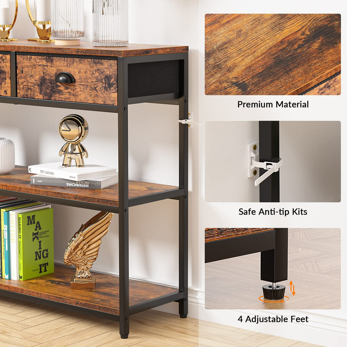 Furologee Long 47" Console Sofa Table with 3 Drawers, Entryway Table with 3-Tier Storage Shelves, Industrial Display Shelf for Entry Way, Hallway, Couch, Living Room, Kitchen, Foyer, Rustic Brown Furologee