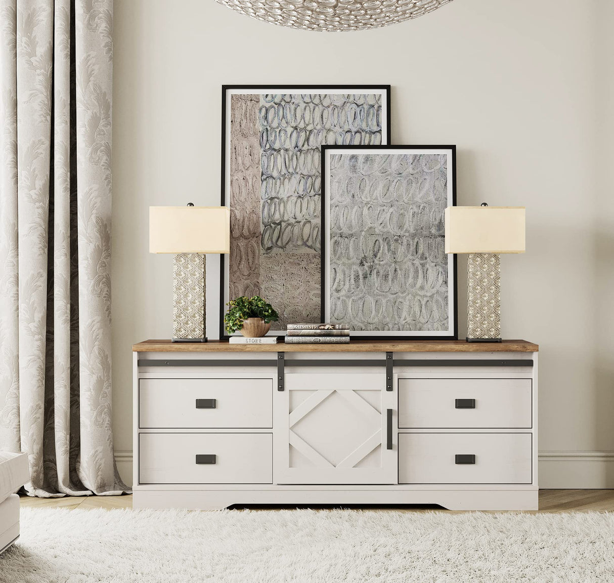 WAMPAT Farmhouse TV Stand with Charging Station and USB Ports for TVs up to 110" TVs,3 in 1 Wood Entertainment Center with 10 Drawers and Adjustable Shelves for Living Room,Antique White WAMPAT