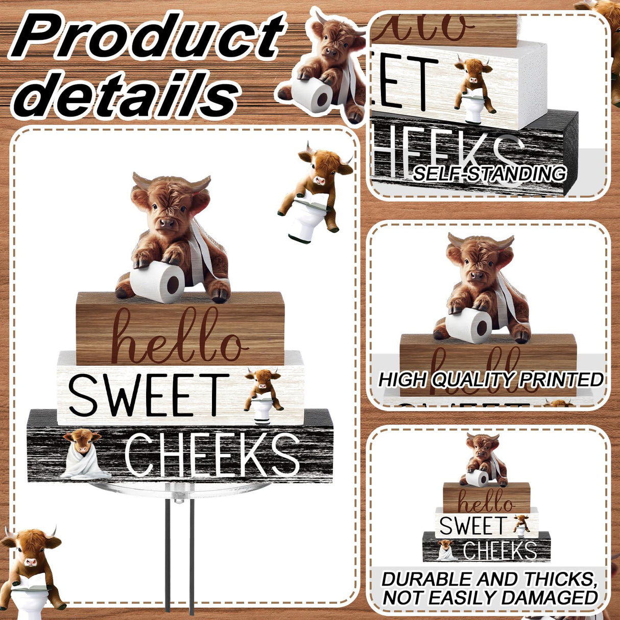 Cinnvoice 4 Pcs Christmas Highland Cow Bathroom Decor Farmhouse Bathroom Decoration Western Hello Sweet Cheeks Table Centerpiece Cinnvoice