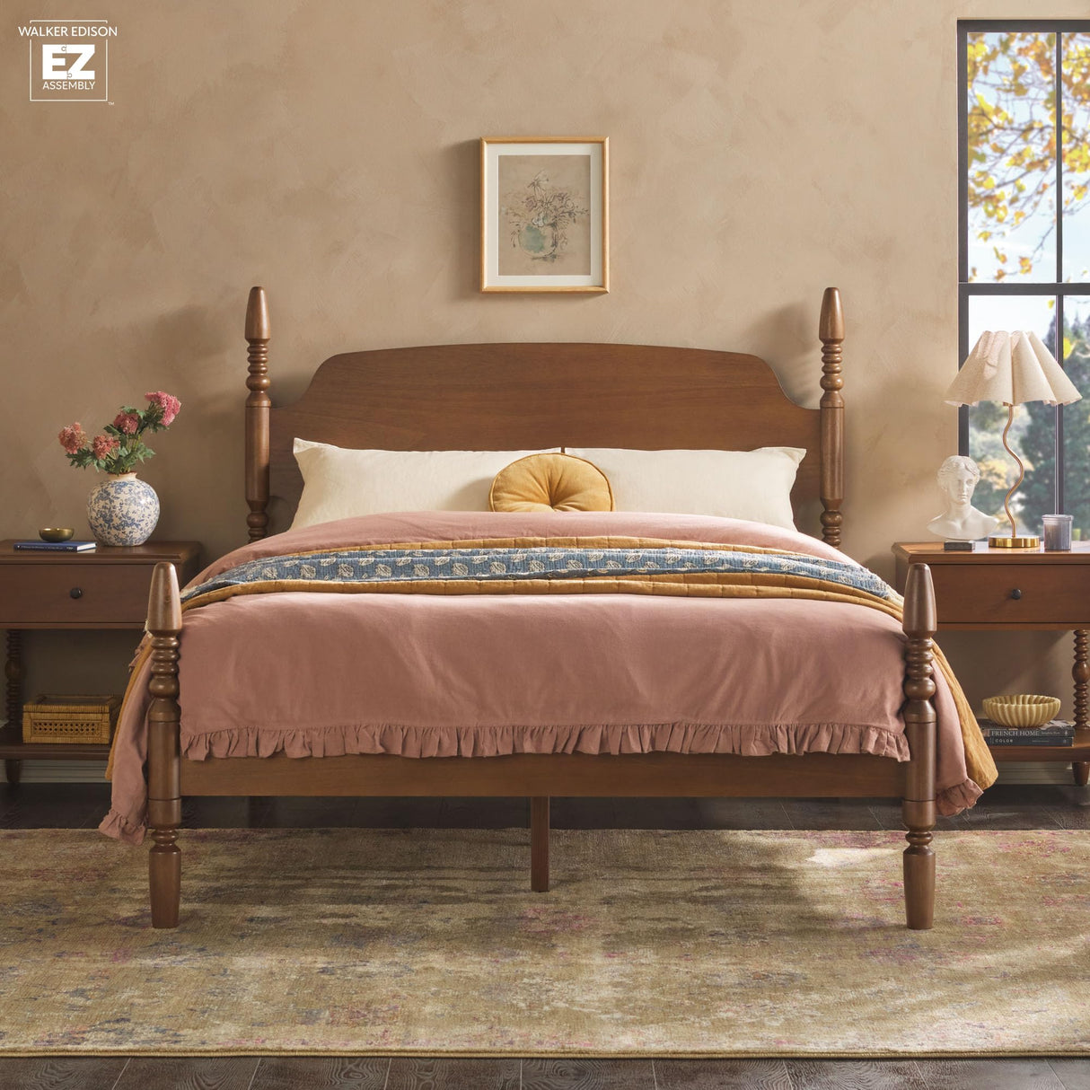 Walker Edison EZ Assembly™ Traditional Wood Spindle Post Bed, Modern Farmhouse Bed Frame Queen Bed Frame with Headboard, No Box Spring Required, Queen Size, Dark Brown Walker Edison