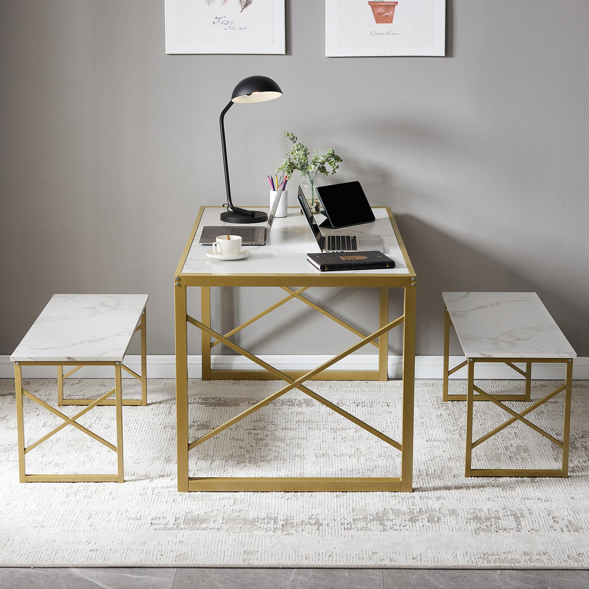 VECELO Kitchen Table with 2 Benches for 6,Wood Dining Room Dinette Sets with Metal Frame for Breakfast Nook and Small Space, 55", White&Gold VECELO