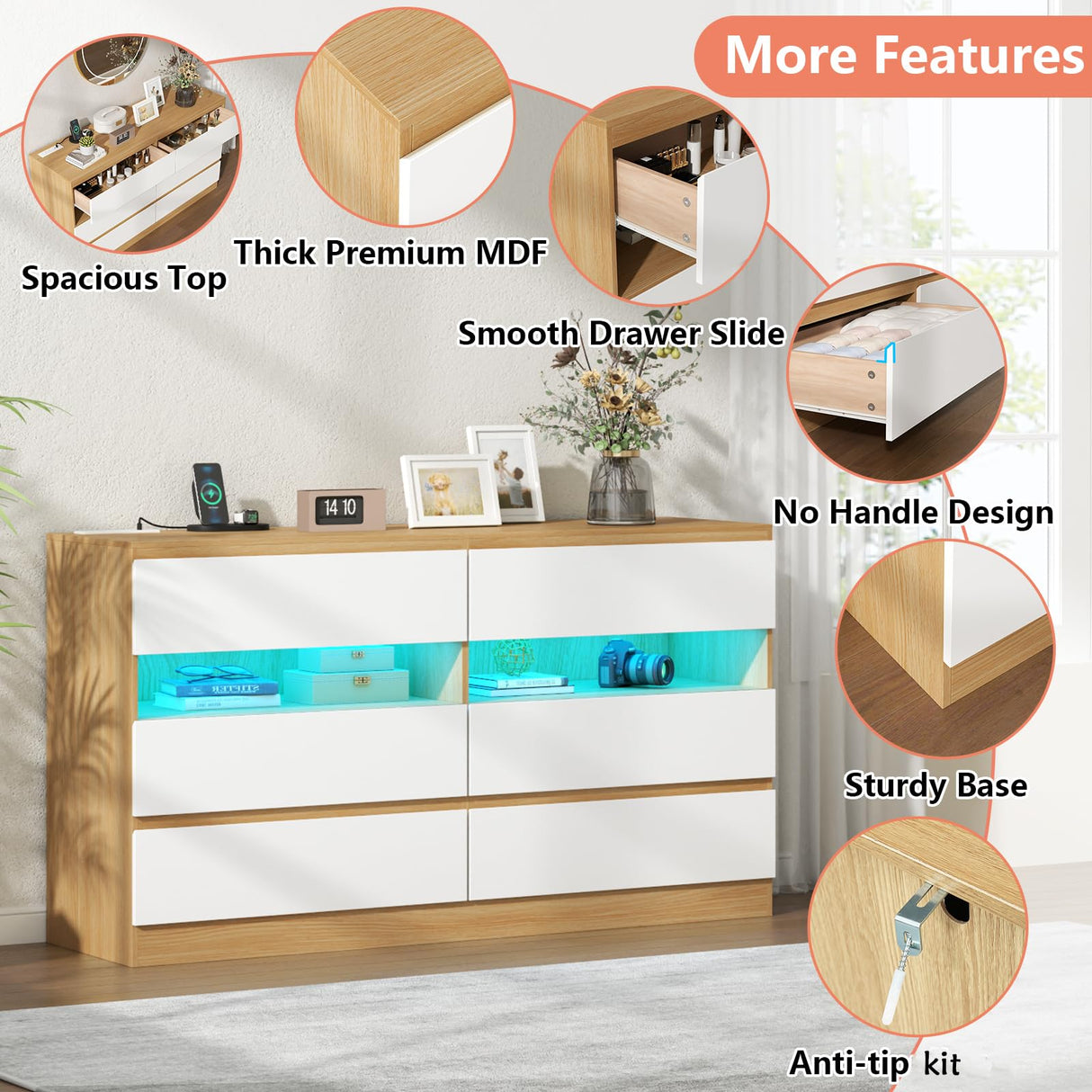 Gyfimoie 6 Drawer Dresser with Power Outlet & LED Light, Modern Chest of Drawers with 2 Open Cubbies, Double Wide Drawer Dresser Organizer, TV Stand for Bedroom, Entryway (White & Light Wood) Gyfimoie