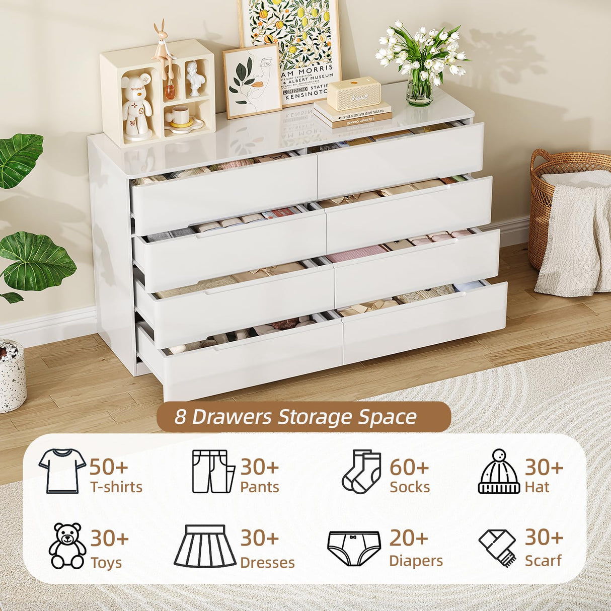 ZORPLIX White Wood Dresser, 8 Drawer Dressers for Clothes Storage for Bedroom, Modern Dresser with Wide Drawers, Wide Wooden Chest Drawers for Living Room, Entryway, TV Stand ZORPLIX