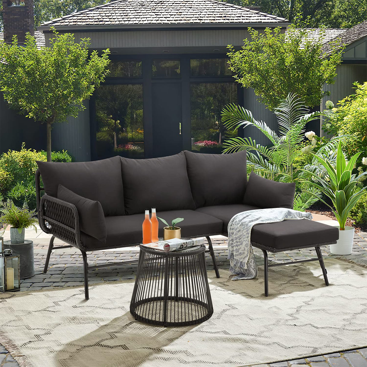 EROMMY 3 Piece Patio Conversation Sets, L-Shaped Sectional Patio Furniture Sofa Set with Thick Cushions and Toughened Glass Coffee Table for Backyard Balcony Garden Porch, Black EROMMY