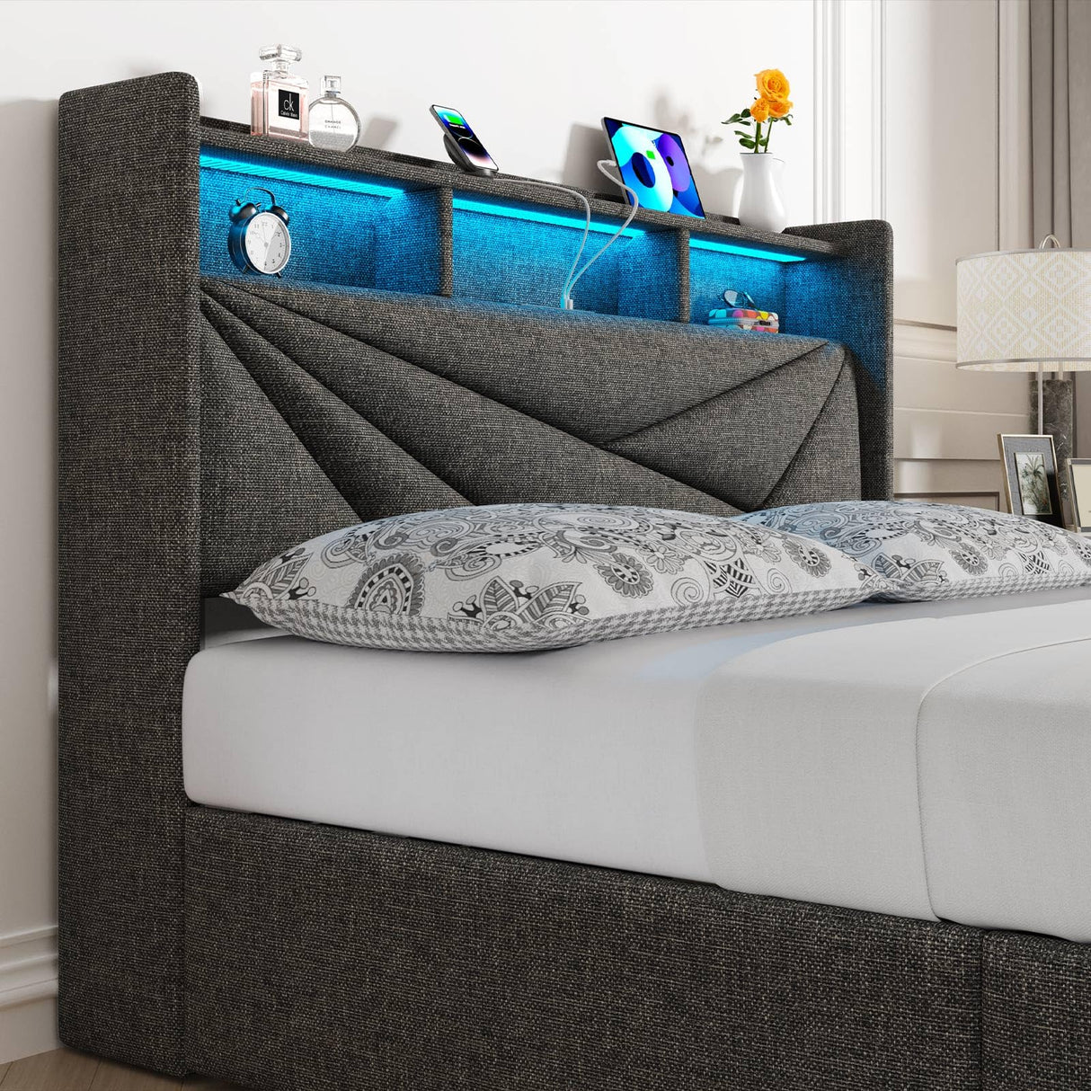 Driftalia LED King Size Bed Frame with 4 Storage Drawers, Upholstered King Bed Frame with 2-Tier Headboard and Charging Station, No Box Spring Needed, Easy to Assembly - Dark Grey Driftalia