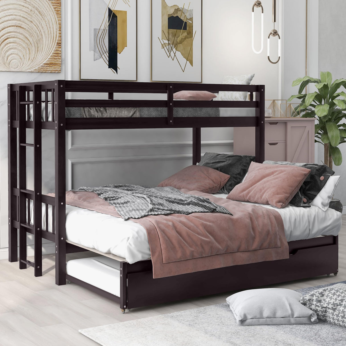 Twin Over Double Twin Bunk Bed with Trundle, Convertible Bottom Bed, Pull-Out Multi-Functional Bunk Bed Can for 4 People, Wooden Bunk Bed with Ladder and Safety Rail, Espresso Bellemave