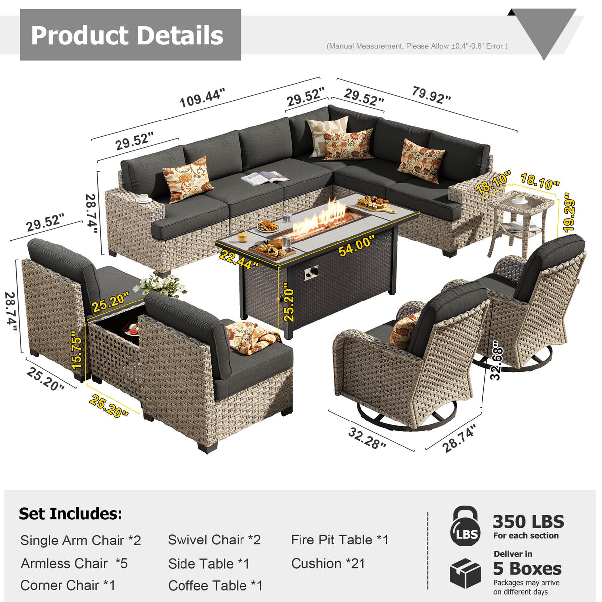 HOOOWOOO Outdoor Sectional Patio Furniture Set with Fire Pit Table,13 Pieces Wicker Conversation Sets L Shaped Couch,Extra Deep Out Door Sofa Outside Furniture with Swivel Chairs,Black HOOOWOOO