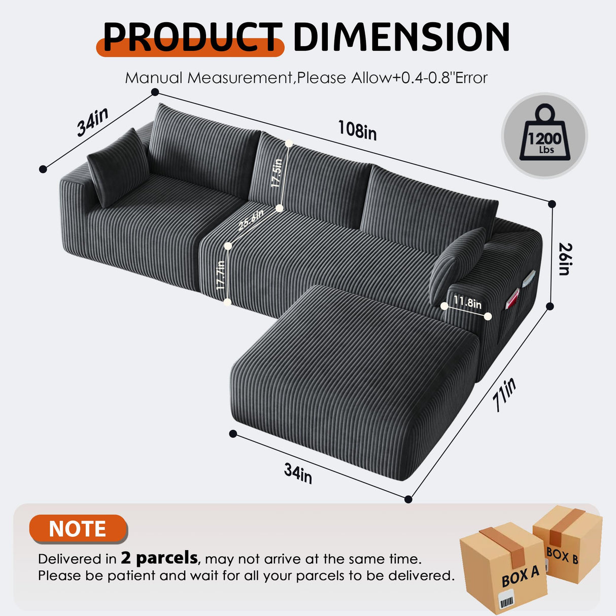 Domiqut 108”Modern Modular L-Shape Couch with Chaise, Modular Sectional Couches for Living Room, Deep Seat Boneless Sofa Bed, No Assembly Required Sleeper Sofa, Plush Corduroy Fabric, Dark Gray Domiqut