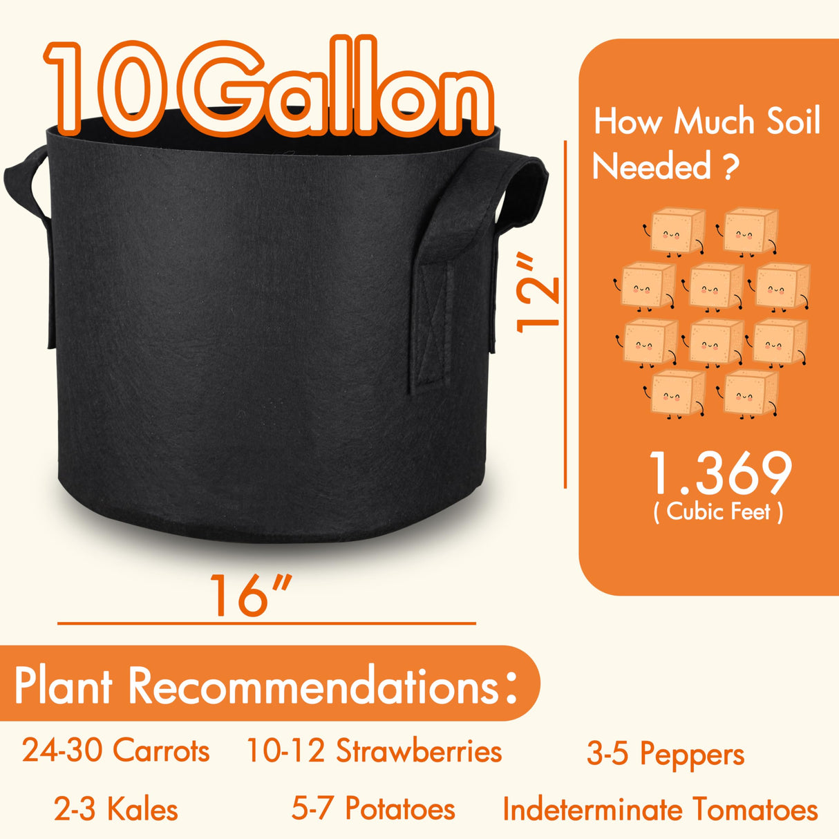 Gardzen 10-Pack 10 Gallon Grow Bags, 300G Thickened Aeration Fabric Pots with Handles, Heavy Duty Cloth Pots for Plants Gardzen