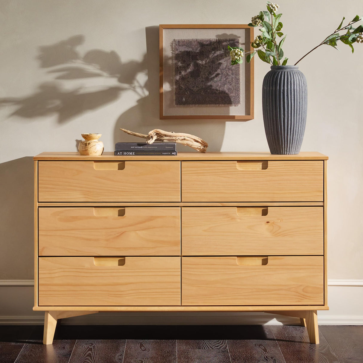Walker Edison Mid-Century Modern Grooved Handle Wood 6-Drawer Dresser, 52 Inch, Natural Pine Walker Edision