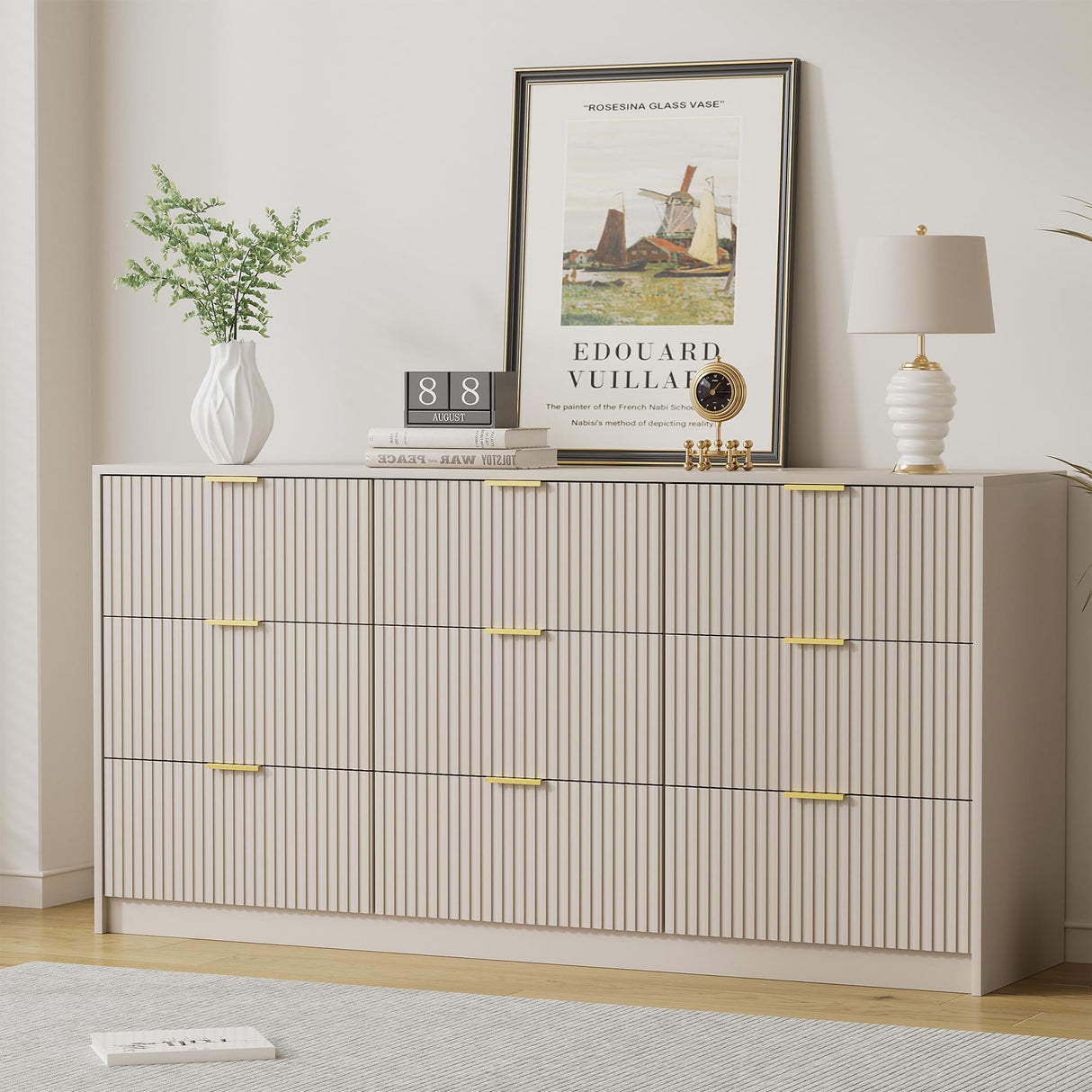 Furniway Beige Dresser for Bedroom, Modern Dresser with 9 Drawers and Smooth Slides, Wide Chest of Drawers with Golden Handles for Bedroom, Living Room, Closet, 15.7" D x 63" W x 31.5" H Furniway