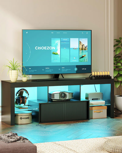 CHOEZON TV Stand with Power Outlet, Modern TV Cabinet for 55 60 inch TVs, Media TV Console with LED Light Strip, Media Entertainment Center with Storage, for Living Room, Bedroom, Black MDS02UDBB