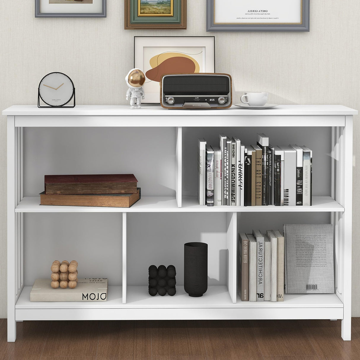 TaoHFE Horizontal Bookshelf - Modern Minimalist 2-Tier Book Shelf with Storage, Short Wide Wood Bookshelf for Classroom, Office, Living Room or Study, White TaoHFE