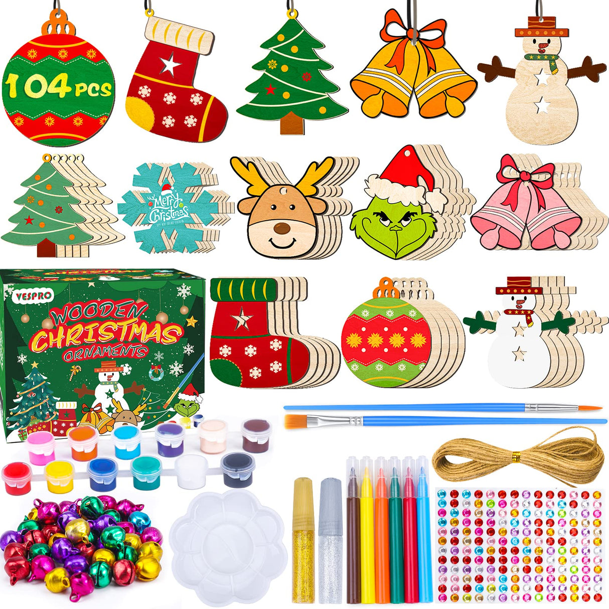 104PCS Wooden Christmas Ornaments Craft Kits Include 40PCS Unfinished Wood Slices with 8 Styles,Xmas Tree Hanging Decorations DIY Craft for Kids to Paint VESPRO