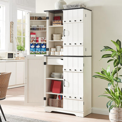LUXOAK 72" Tall Farmhouse Kitchen Pantry with Rivet Barn Doors, Rustic Wood Cupboard Storage Cabinet/w Drawer & Adjustable Shelves for Dining Living Room, Bathroom & Hallway, Antique White