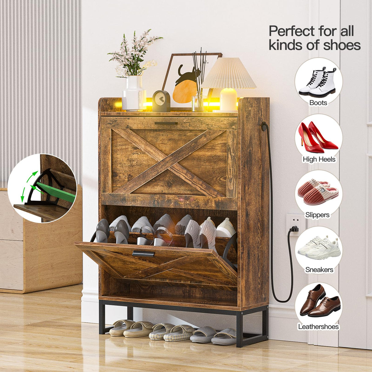 HAIOOU Shoe Storage Cabinet, Industrial Shoe Cabinet with 2 Flip Drawers, Farmhouse Slim Narrow Freestanding Wood Shoe Rack Storage Organizer for Entryway,Foyer,Hallway(Rustic Brown) HAIOOU