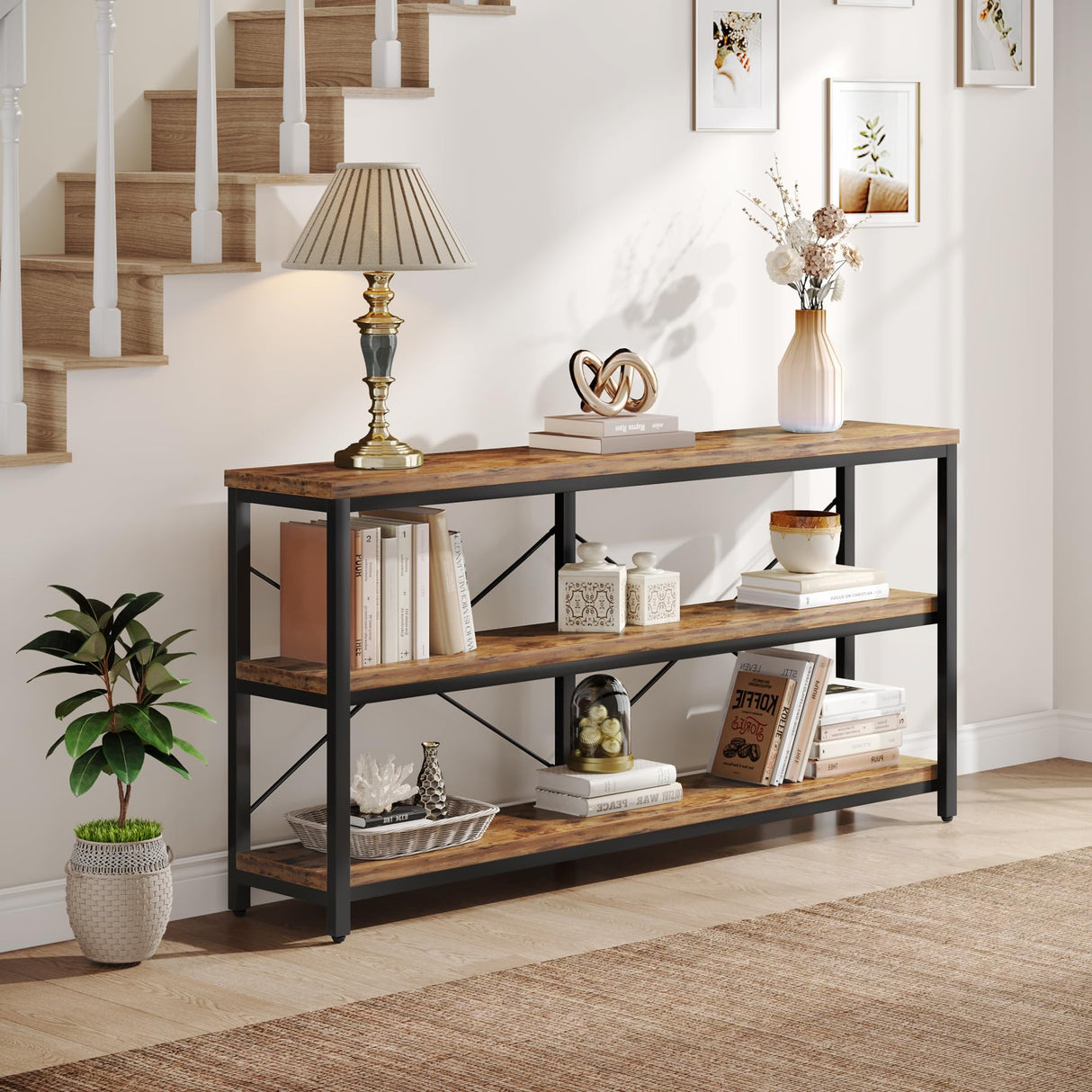 Tribesigns 55-Inch Industrial Sofa Table, 3-Tier Console Table with Metal Frame and Open Shelves, Modern Decorative Shelf, Open TV Shelf for Living Room, Entryway, Hallyway (Brown and Black) Tribesigns