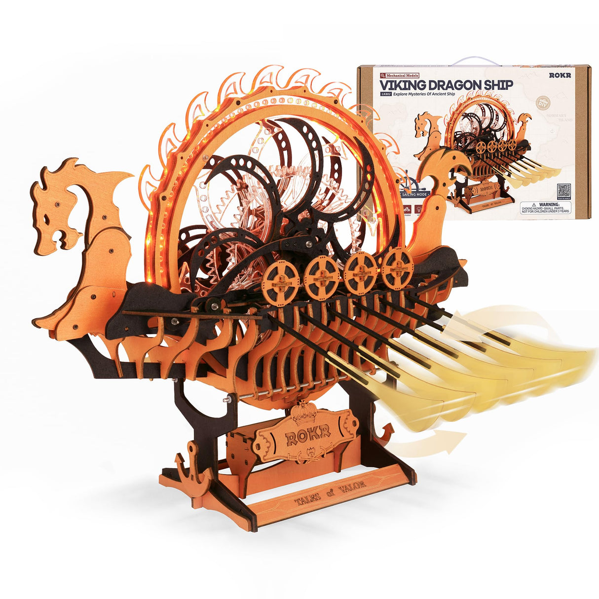 ROKR 3D Wooden Puzzle for Adults, 3-Hour Build, Viking Dragon Ship with LED Lights, Model Kits for Adults to Build, Ideal Gift for Boys and Men ROKR
