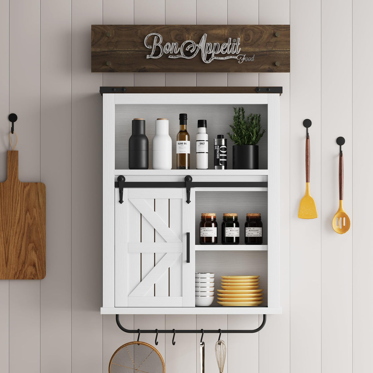 Vagaconl Bathroom Wall Cabinet, Farmhouse Medicine Cabinet Bathroom Cabinet Wall Mount with Barn Door Adjustable Shelves Towel Bar Hooks, for Laundry Bathroom Kitchen(Brown & Vintage White) Vagaconl