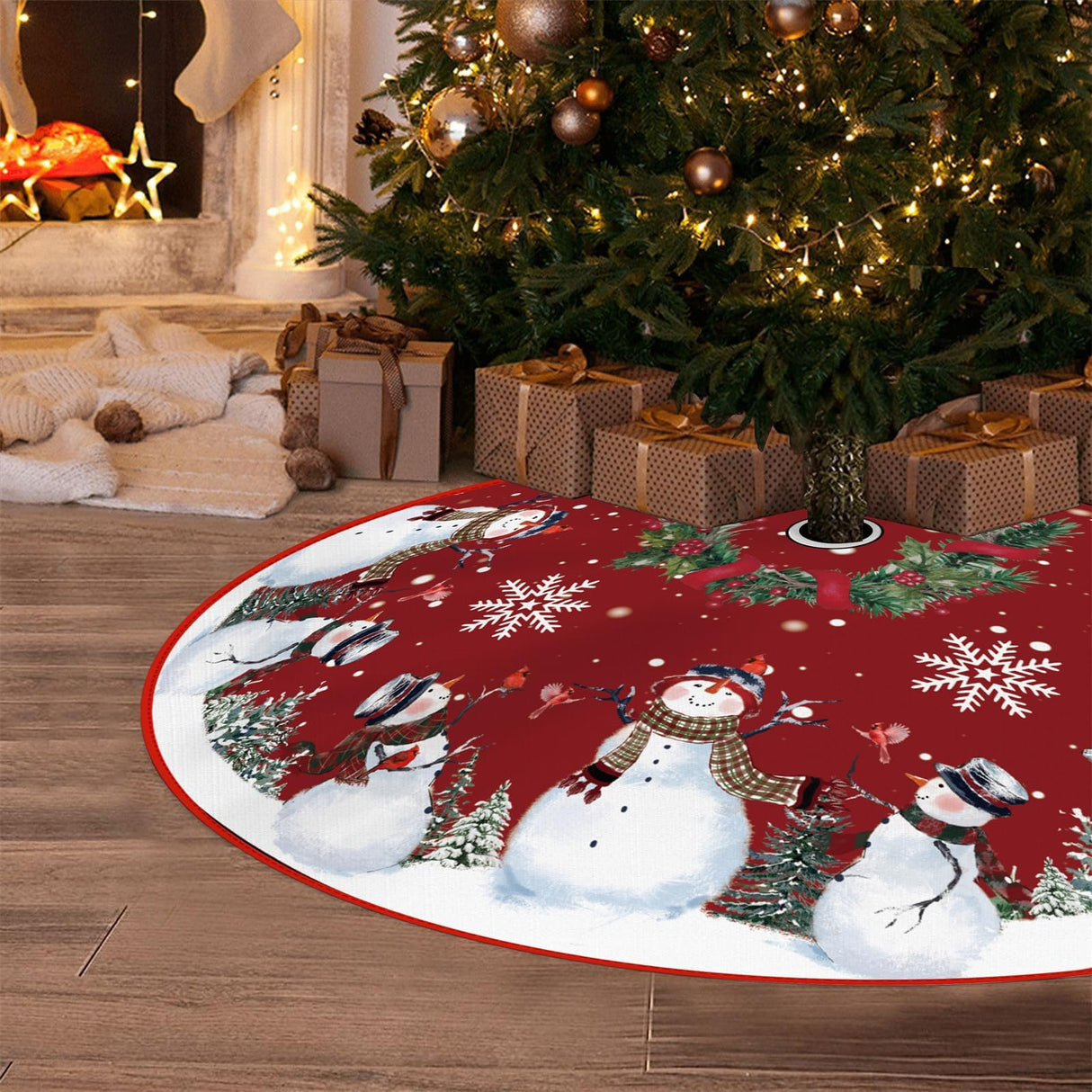 EKOREST Snowman Christmas Tree Skirt 48 Inches, Red Backgrond Snowflake Pencil Tree Skirt, Winter Xmas Tree Mat Decorations for Home Party Holiday Decorations EKOREST