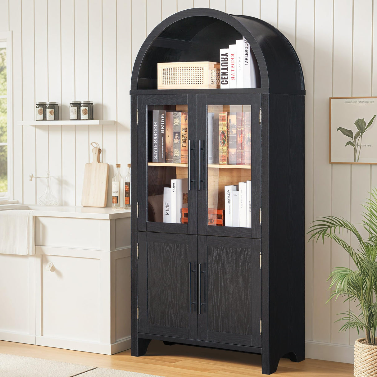 71" Farmhouse Tall Arched Pantry Storage Cabinet, Display Cabinet with Glass Doors,China Cabinet,Curio Cabinet, Bookshelf&Bookcase with Doors, Kitchen、 Dining Room、 Living Room Furniture, Black FUSUNBAO