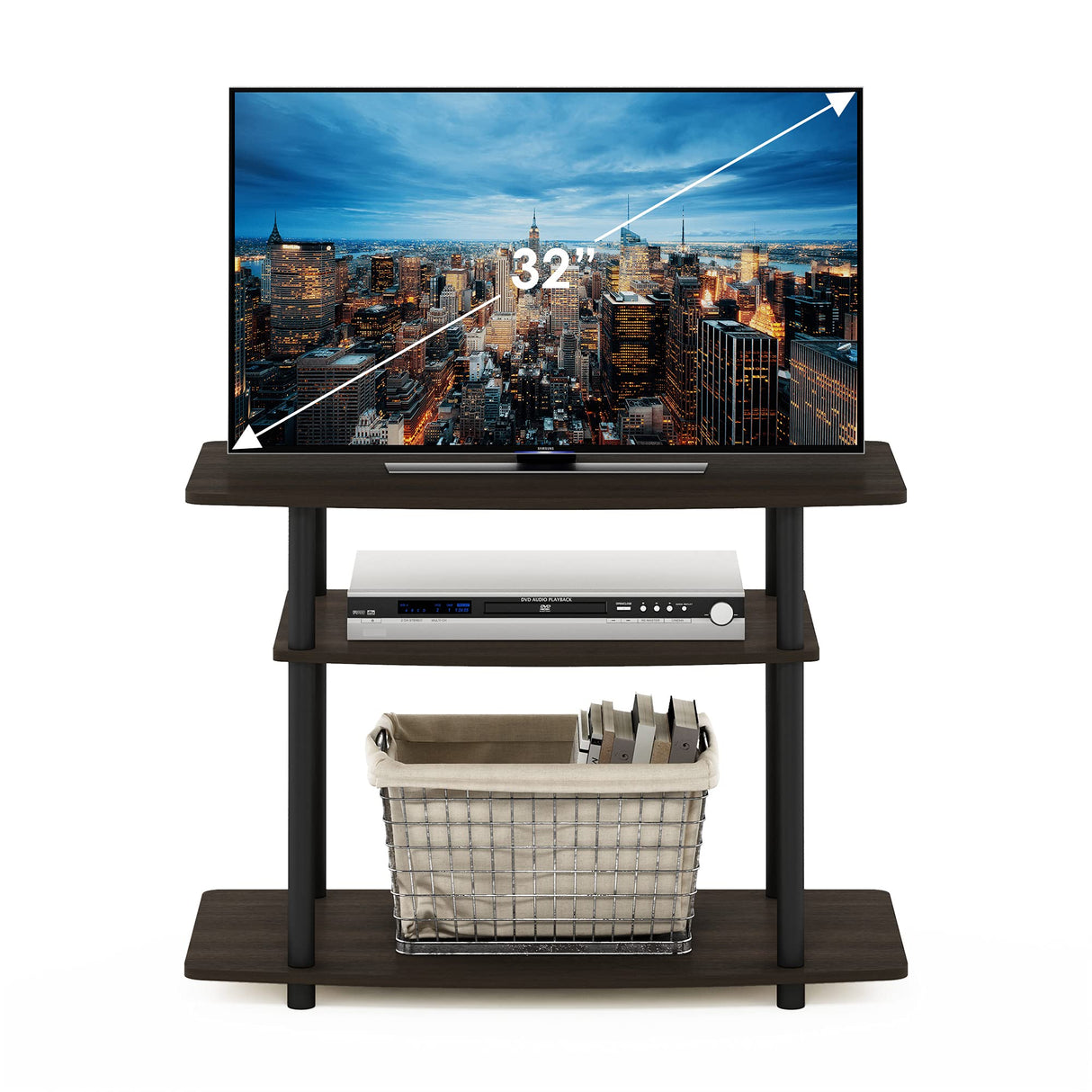 Furinno Turn-N-Tube No Tools 3-Tier Entertainment Center TV Stand for TV up to 32 Inch, Plastic Round Tubes, Dark Brown/Black Furinno