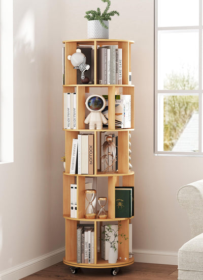 Baoz 5-Tier Rotating Bookshelf Tower, 360° Display Stackable Spinning Bookshelf with Wheels, Floor Standing Corner Revolving Bookcase, Rotating Book Shelf for Kids Rooms, Living Room, Bedroom - Wood