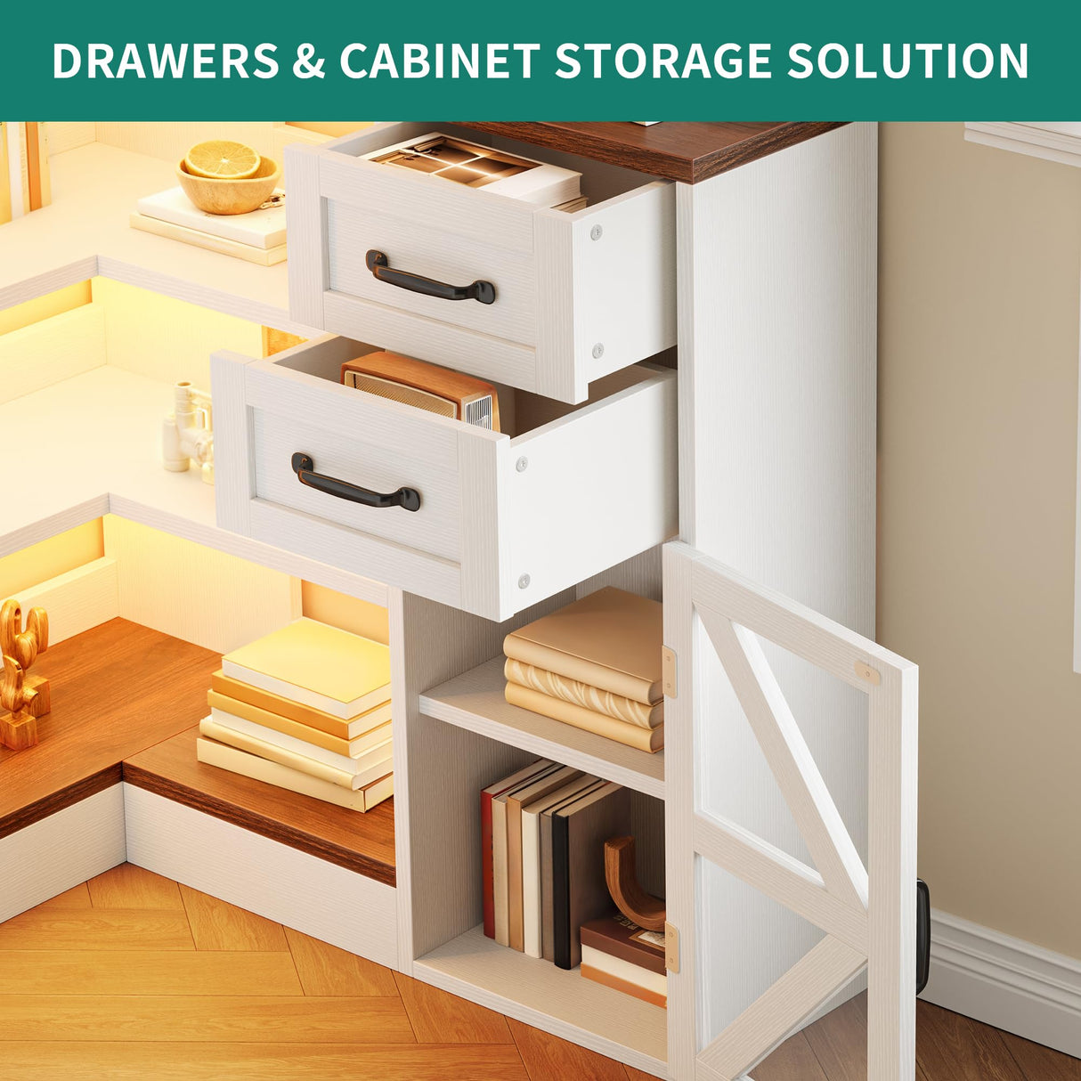 YITAHOME Corner Bookshelf with Storage, Farmhouse 6-Tier Bookshelf with Drawers and Cabinets, L-Shaped Bookcase LED Lights Corner Display Shelf for Home Office, Living Room, Bedroom YITAHOME