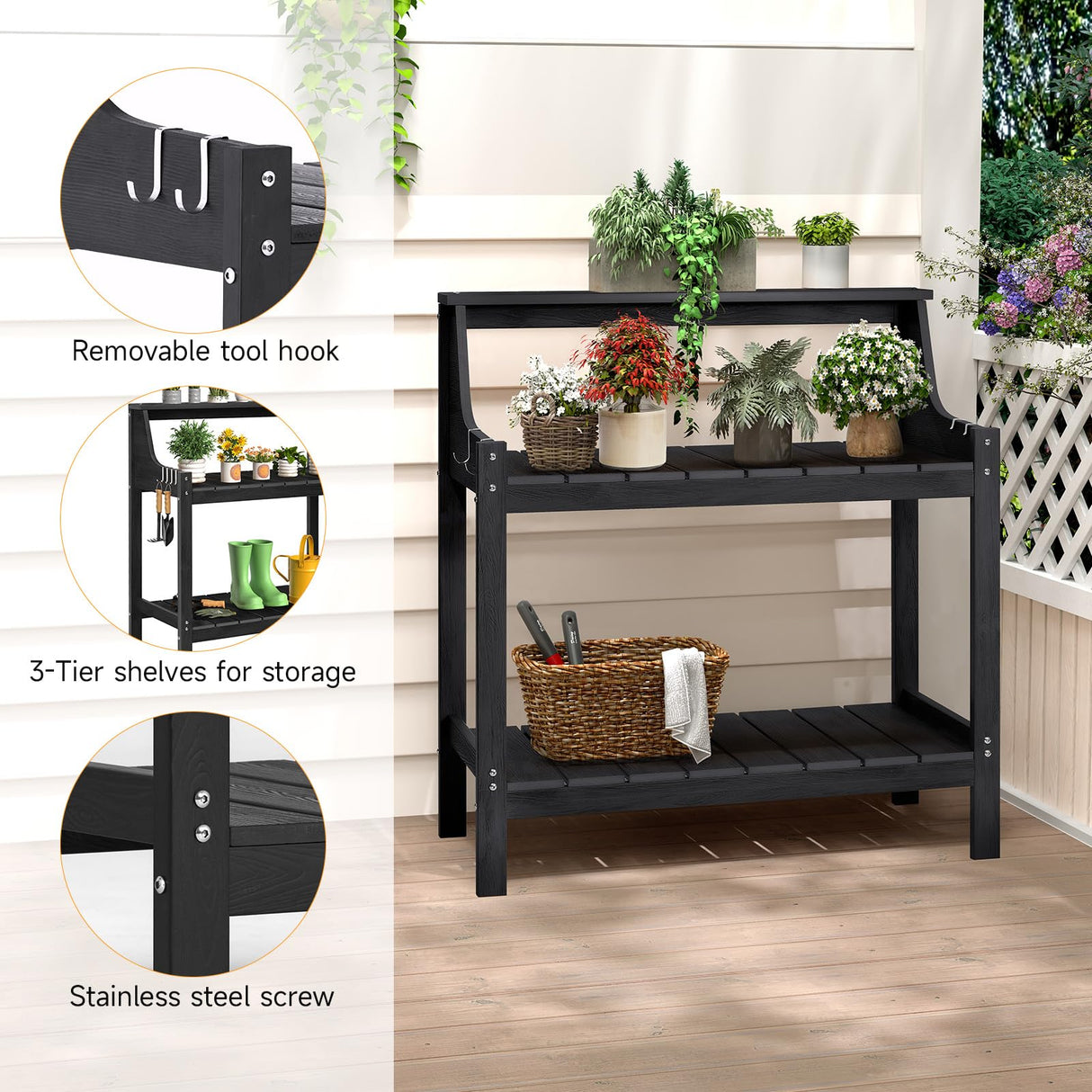 ONBRILL Potting Bench Table, HDPS Potting Bench with 4 Side Hooks, All-Weather Garden Table Work Station, Outdoor Potting Table for Porch, No Rust, No Fade, No Break, 360lbs Capacity (Black, Large) ONBRILL