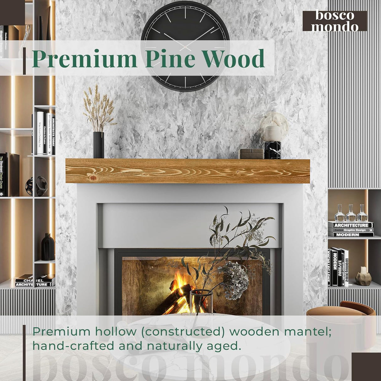 BoscoMondo Fireplace Mantel, Handcrafted Rustic from Solid Pine, Wall-Mounted Floating Farmhouse Shelf - 8x6x48 Oak BoscoMondo