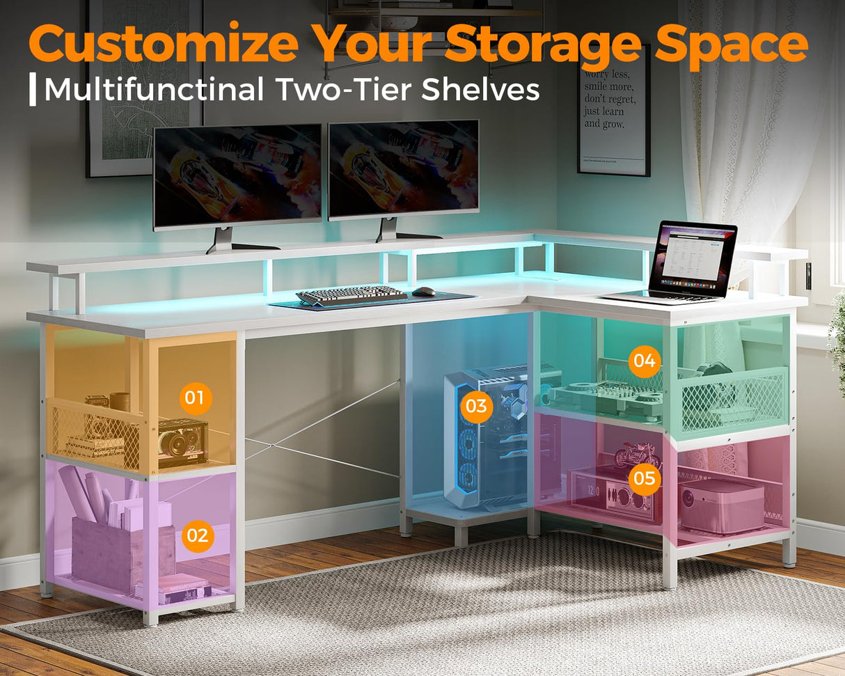 ODK 66" Reversible L Shaped Gaming Desk with LED Lights and Power Outlets in Grey Oak ODK