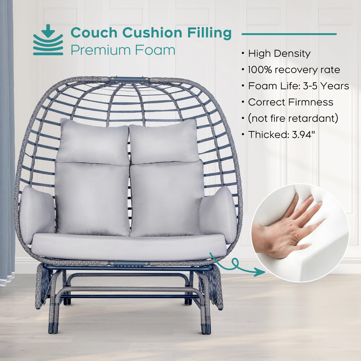 Outdoor Double Egg Chair Patio Chairs - 500lbs Capacity for 2 Person, Oversized Wicker Rocking Glider Chair with Steel Stand, Hand-Woven Lounge Chair Nest Loveseat for Indoor, Porch, Backyard, Balcony Brafab