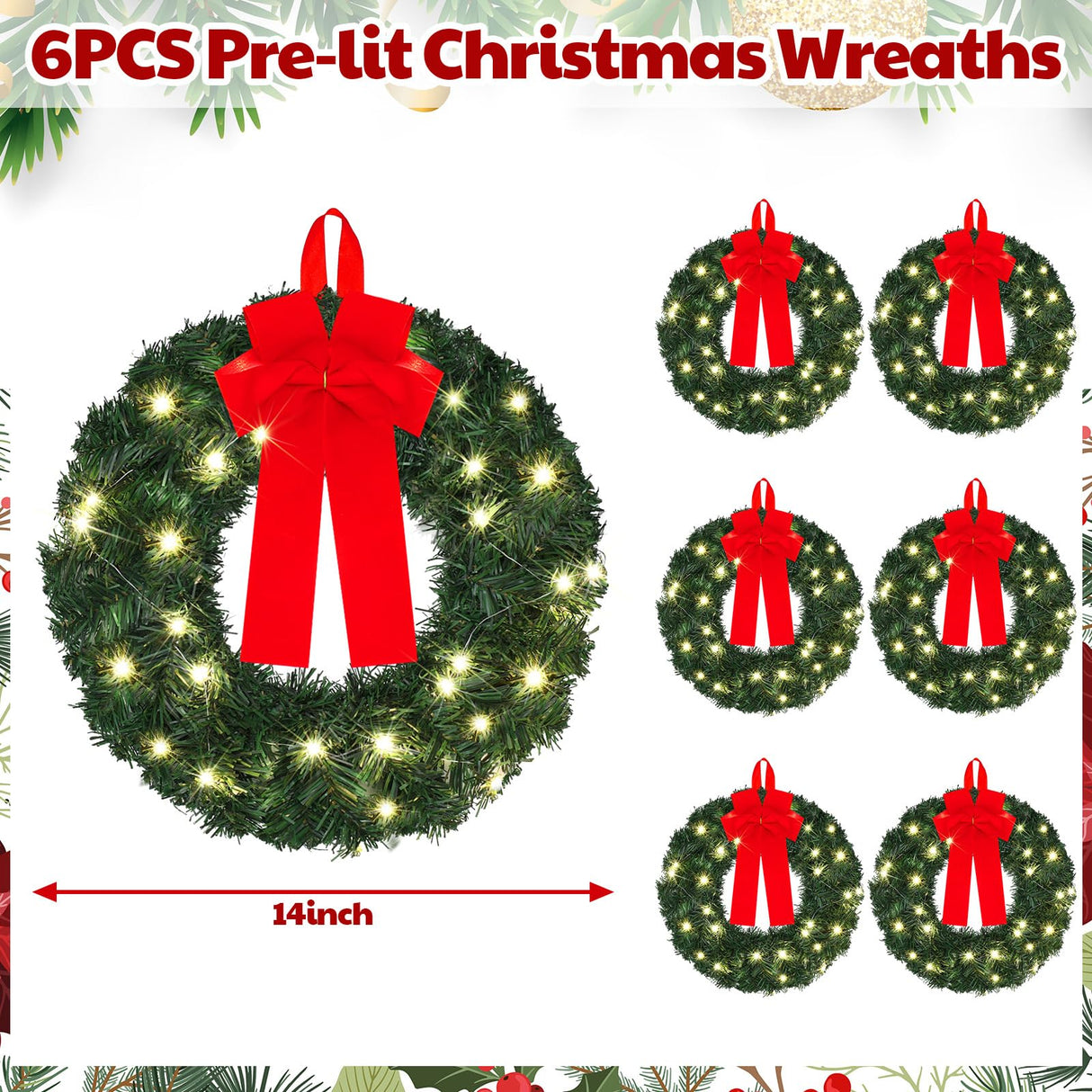 Yuxung 6 Pcs 14 Inch Pre Lit Christmas Wreath with Lights Mini Artificial LED Christmas Front Door Wreath with Red Bow for Xmas Holiday Party Decorations Table Fireplaces Porch Wall Ornament Yuxung