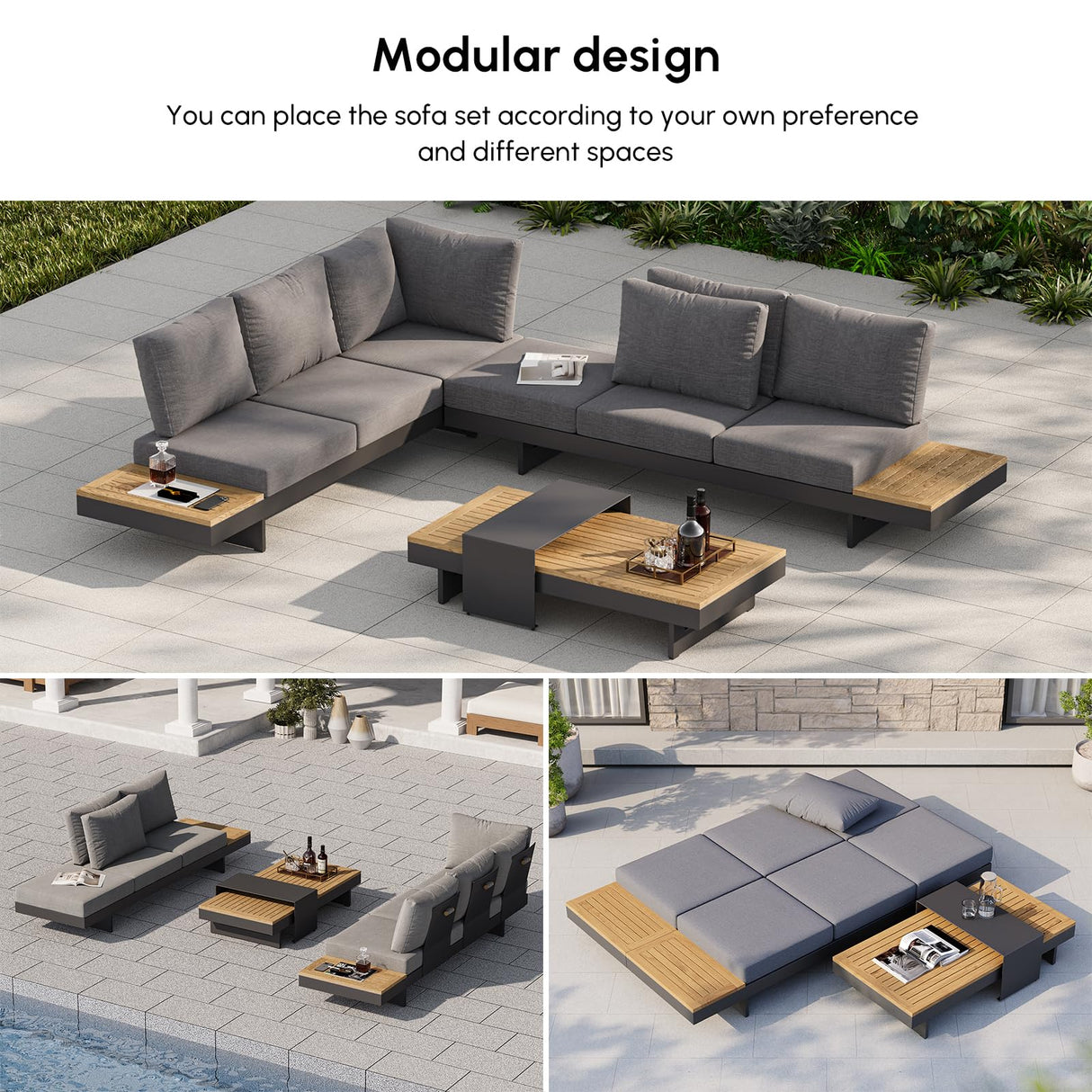 homary Outdoor Patio Conversation Sets, 6 Piece Aluminum & Teak Patio Sectional Sofa Set Outdoor Furniture with Adjustable Backrests, Waterproof, Fade Resistant Cushions Ideal for Patios & Balconies homary