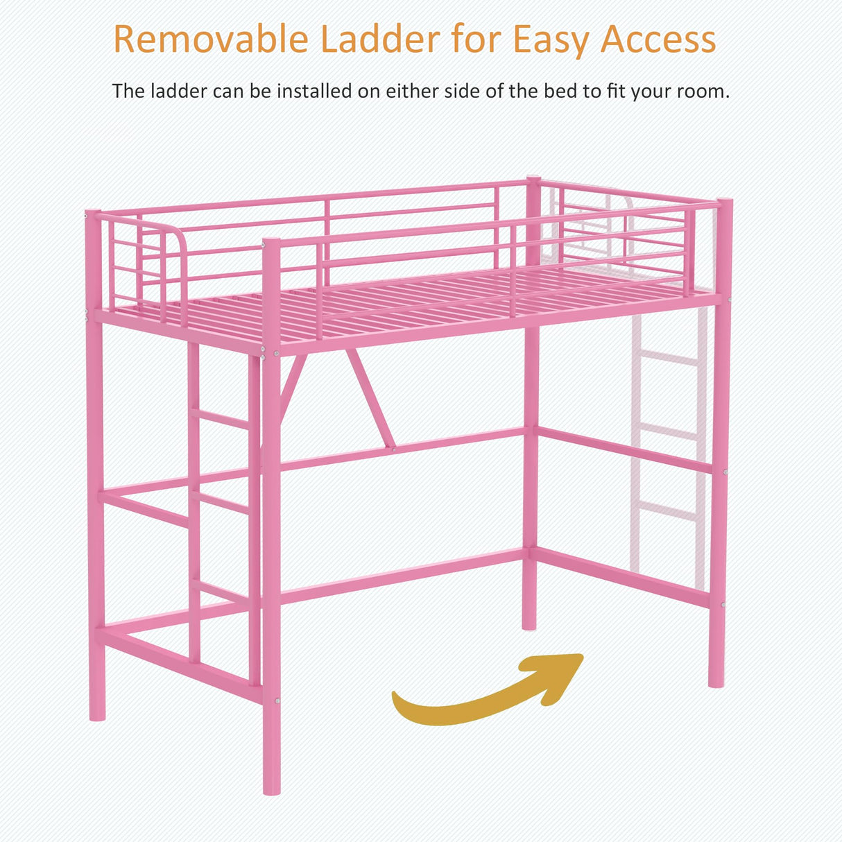 VECELO Twin Size Loft Bed with Full-Length Guardrails and Removable Ladder, Heavy-Duty Metal Frame, Space-Saving Design & Noise-Free, Pink VECELO