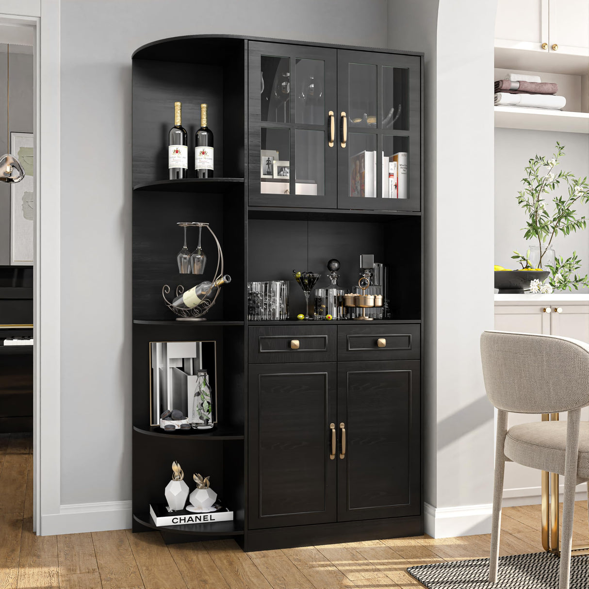 Fatmok Kitchen Pantry Cabinet with Charging Station, 71" Tall Modern Farmhouse Wood Kitchen Cabinet with a Large Drawer & Shelves, Freestanding Kitchen Hutch Cabinet with Microwave Stand, Cupboard Fatmok