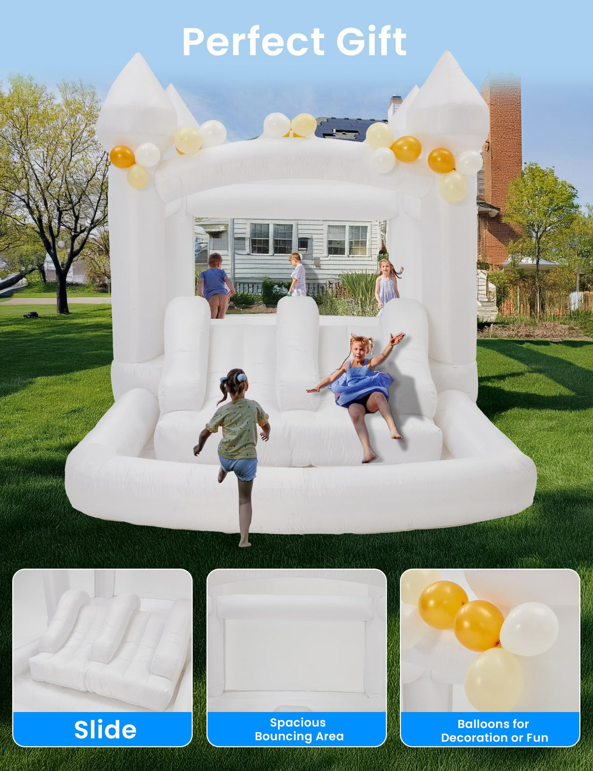 BUPPLEE Inflatable White Bounce House Jumping Castle with 480W Air Blower, 13x8x8FT Large Indoor Outdoor Bouncy Castle Theme for Kid and Adult with Slide & Ball Pit Perfect for Parties Events All Ages BUPPLEE
