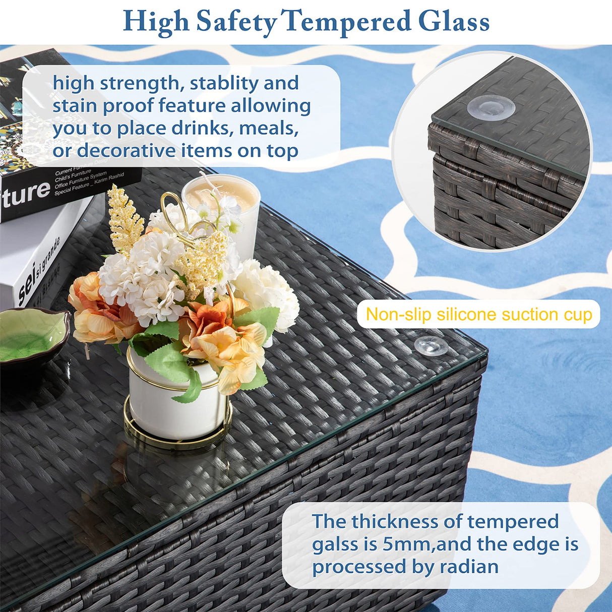 Vongrasig 7 PieceS Outdoor Patio Furniture Sets, Outdoor Sectional Rattan Sofa, PE Manual Weaving Wicker Patio Conversation Set with Cushion, Glass Table, Red Pillow (Beige) Vongrasig