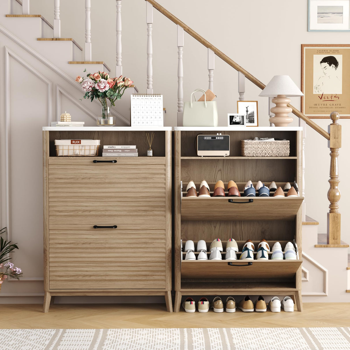 HOMEFORT Shoe Storage Cabinet for Entryway, 31.5" Fluted Shoe Cabinet with 2 Flip Drawers, Mid-Century Modern Hidden Shoe Rack Organizer, Slim Shoe Cabinet for Front Door Entrance, Natural Oak HOMEFORT