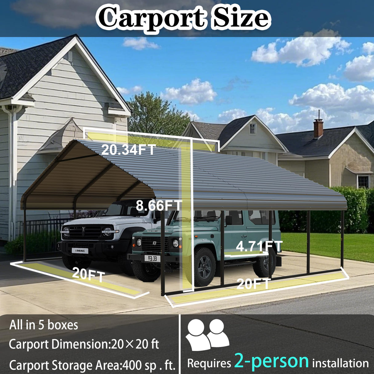 20x20 FT Metal Carport Canopy Heavy Duty with Galvanized Steel Roof & Frame, All-Weather Portable Car Garage Shelter for Cars, Safe Boat Cover Car Ports for Yard Poborin