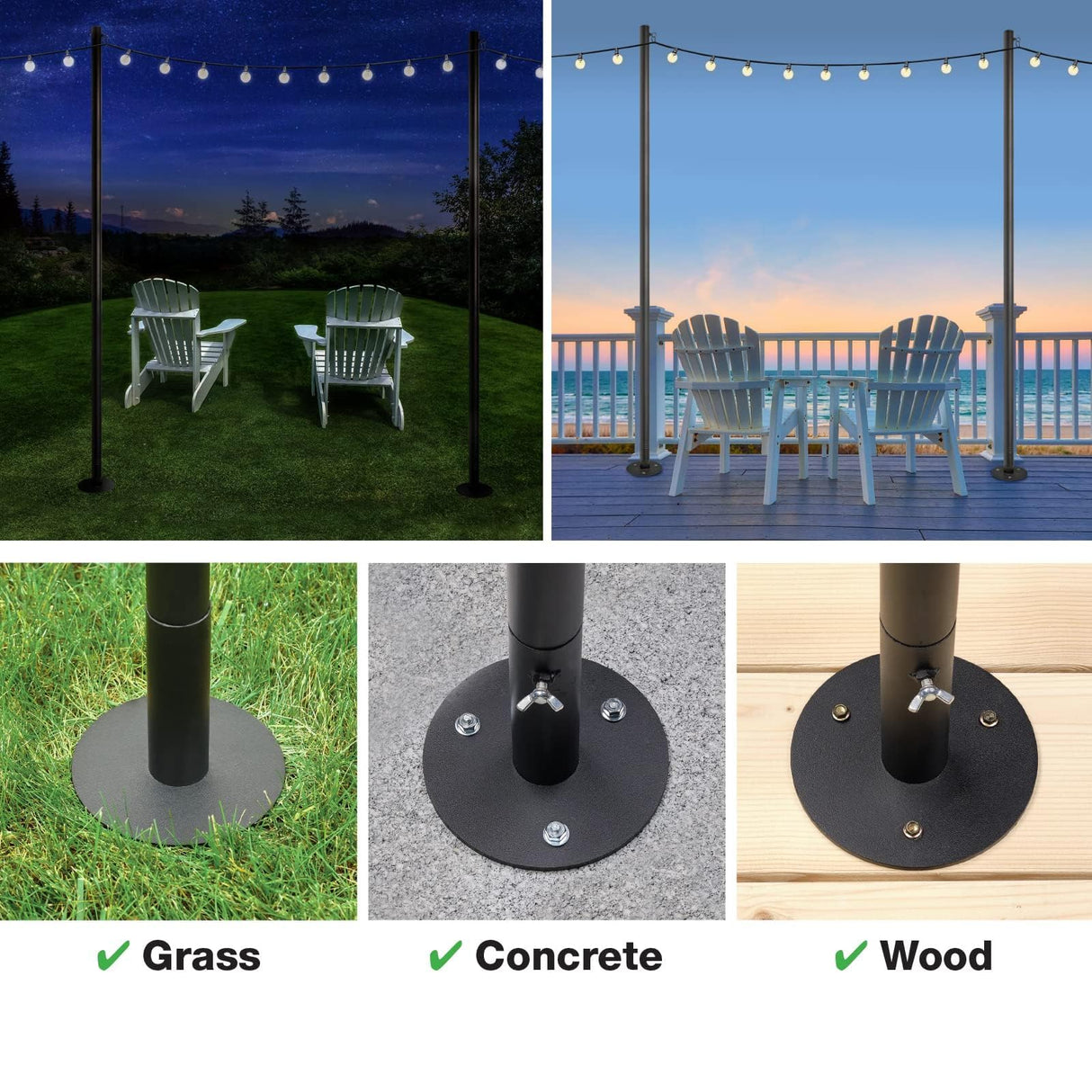 EXCELLO GLOBAL PRODUCTS Bistro String Light Poles - 4 Pack - Extends to 10 Feet - Universal Mounting Options Included EXCELLO GLOBAL PRODUCTS