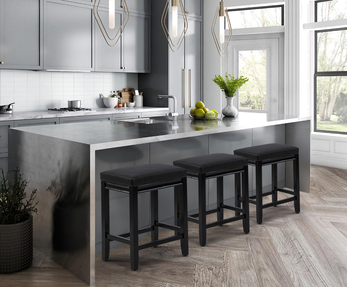 RNKSFX Counter Height Black Bar Stools Set of 3 for Kitchen Counter Farmhouse Modern Barstools with Faux Leather Upholstered Backless Seat and Solid Wood Legs 24 inch Bar Chairs RNKSFX