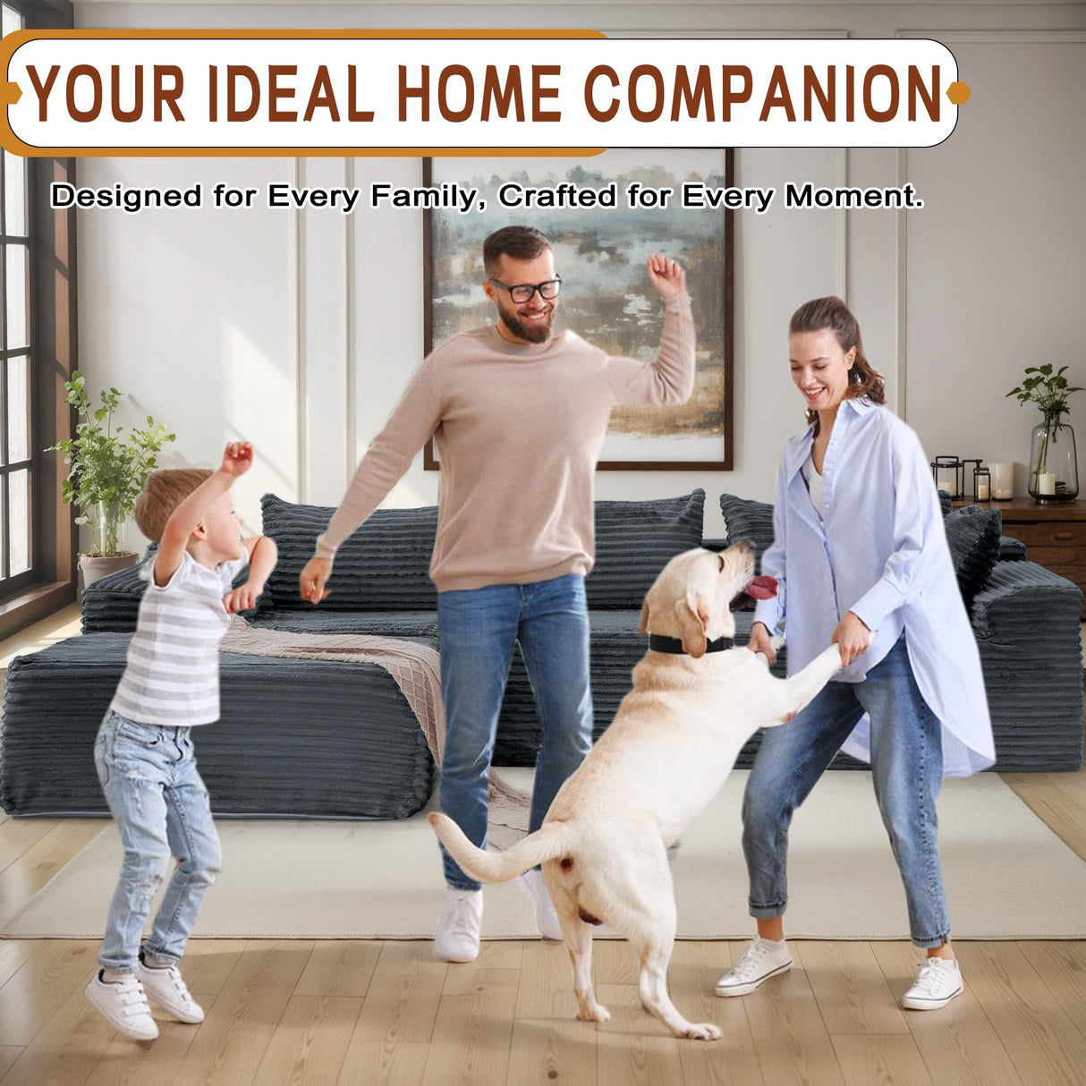 Korser 108" Sectional Couches for Living Room, Modular Sectional Sofa with L-Shape Chaise, Cloud Couch, Comfy Corduroy Fluffy Couch with Deep Seat and Side Pockets, No Assembly Required Korser