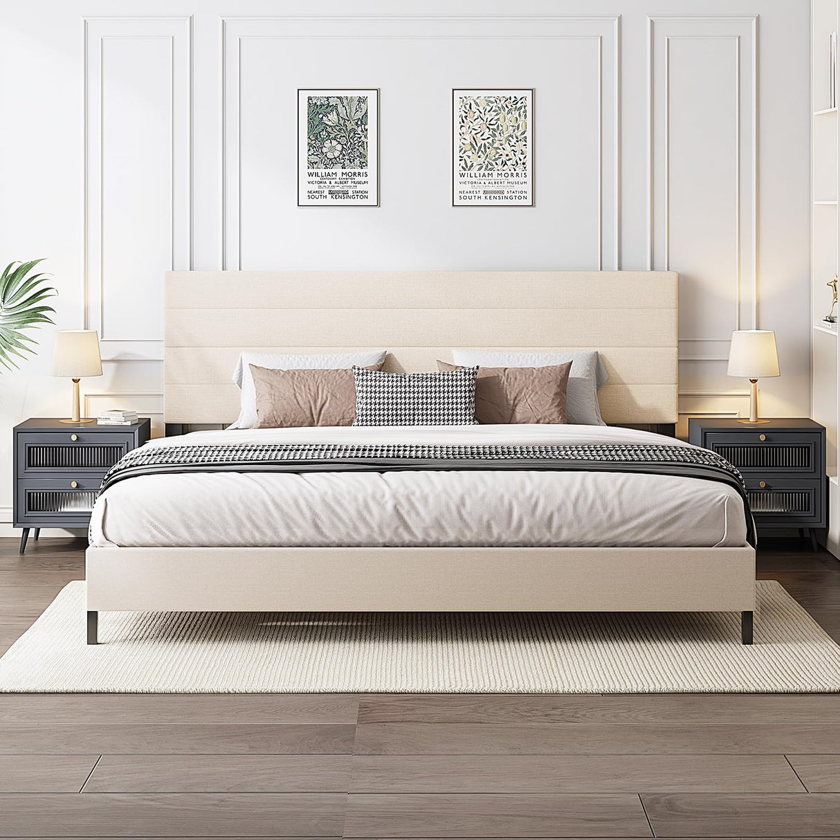 Furnihome Modern King Bed Frame with Adjustable Linen Headboard and Wooden Slats in Beige Furnihome