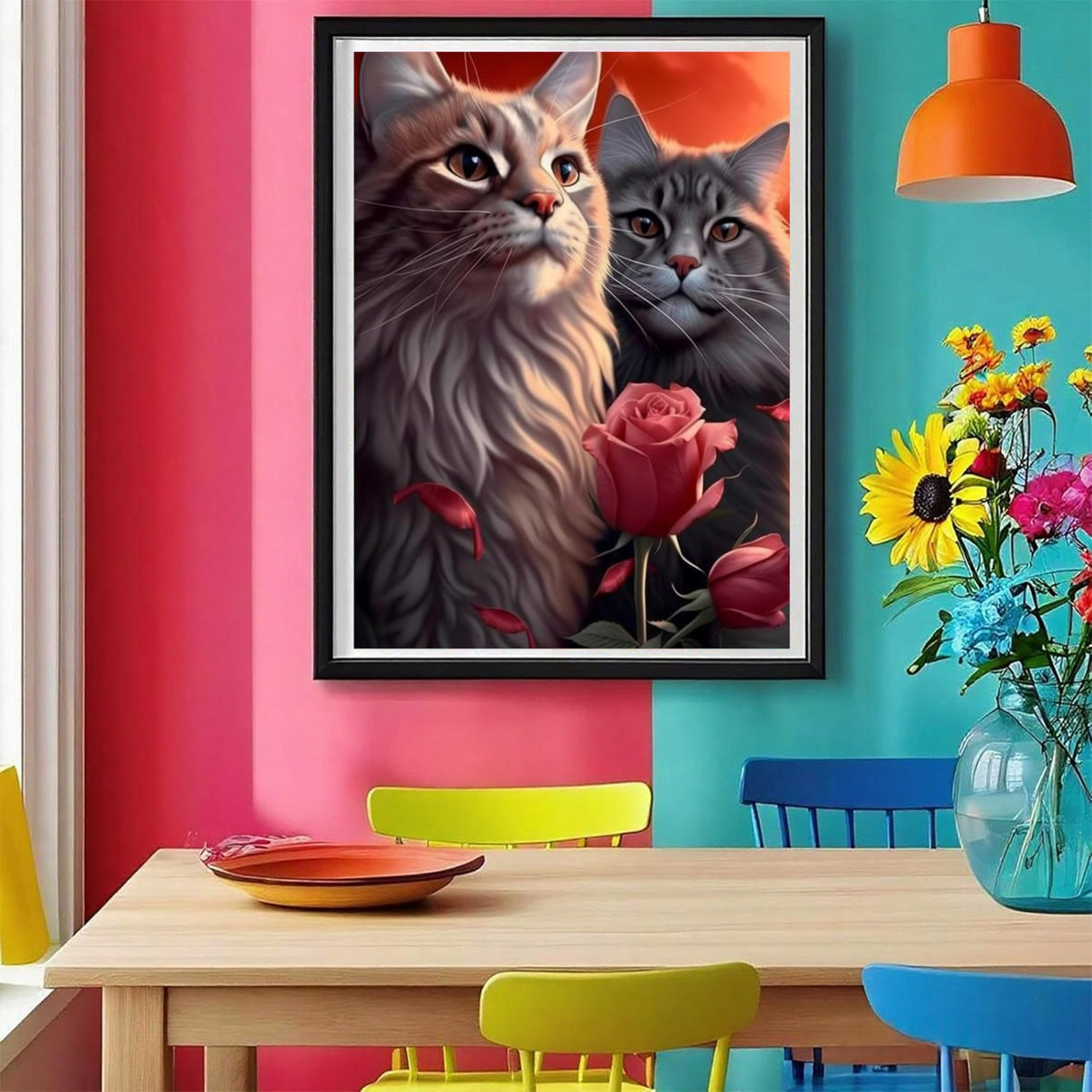 Amz Camel DIY 5D Diamond Art Kits for Adults, 30x40cm Two Cats with Roses Crystal Bead Painting, Modern Artwork for Relaxation and Gift Giving Amz Camel