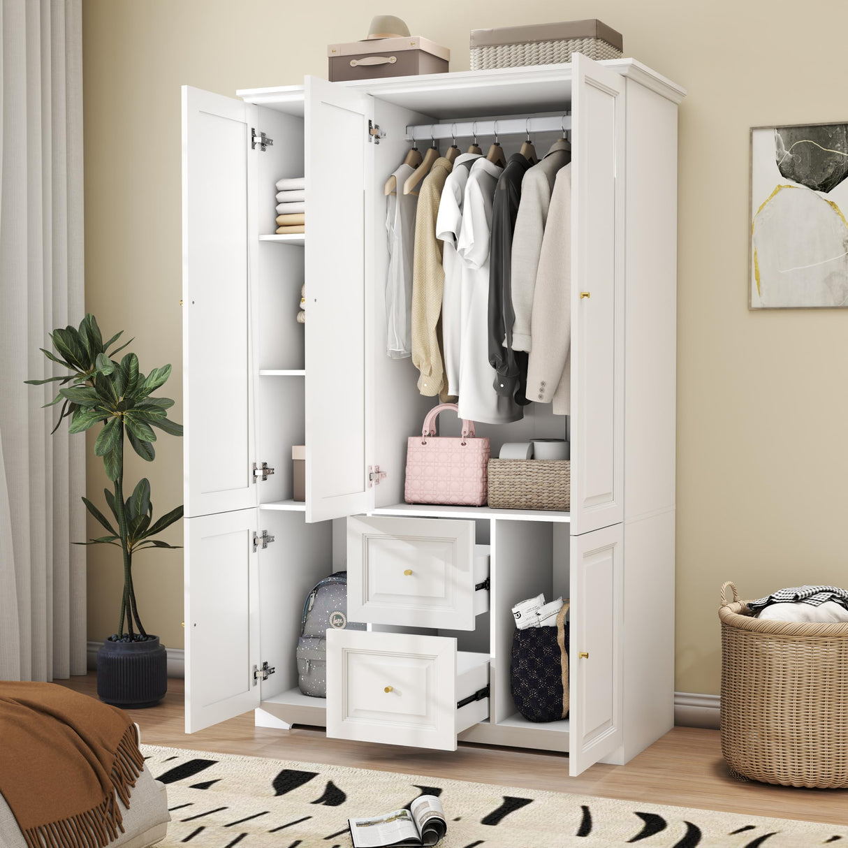 LABROSKIA White Wardrobe with 2 Drawers: 74" Large Wardrobe Closet for Hanging Clothes, Tall Armoire Closet with 2 Doors, Bedroom Armoires with Hanging Rod (47") LABROSKIA