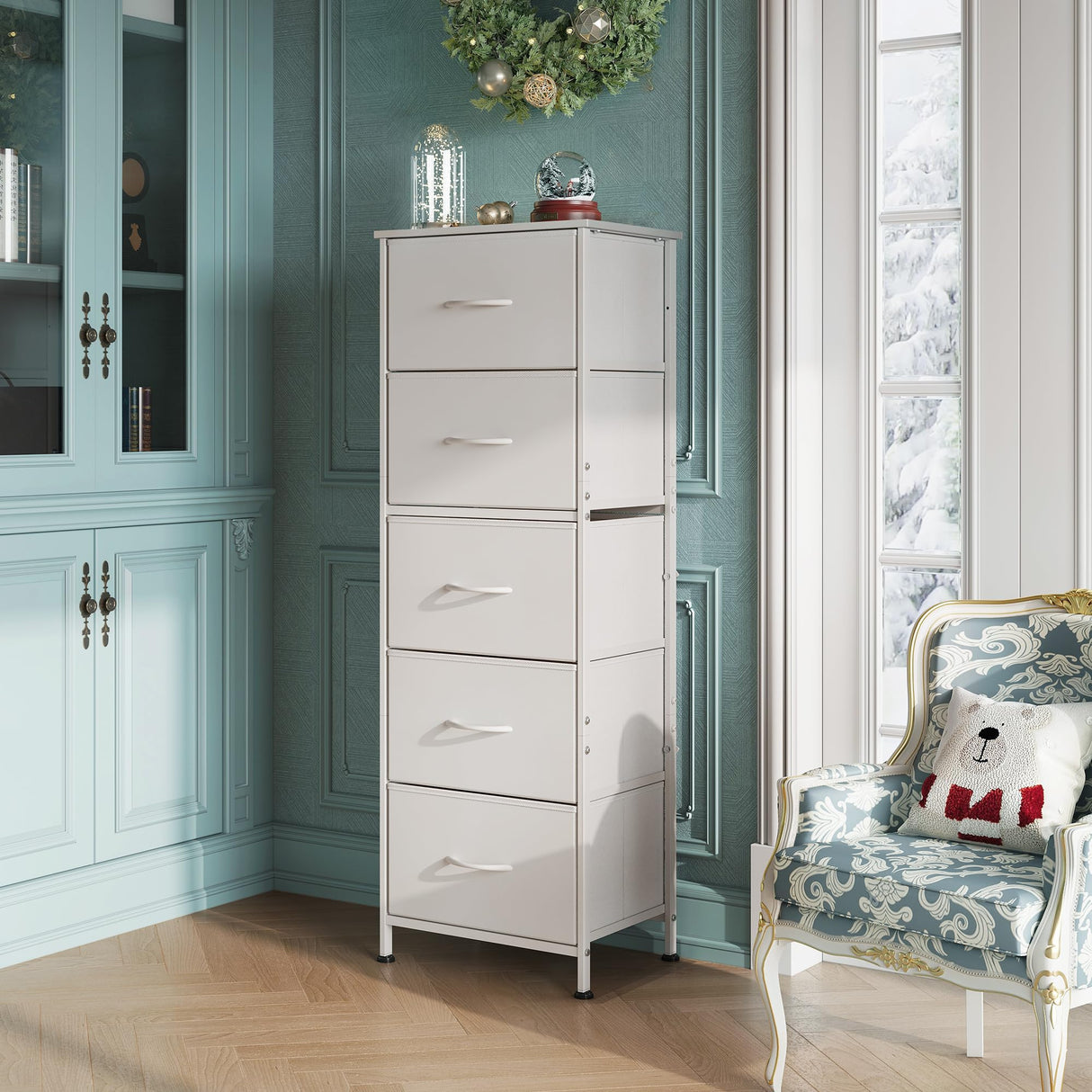WLIVE Fabric Dresser, 5-Drawer Tall Dresser for Bedroom, Storage Dresser Organizer with Fabric Bins, Wood Top, Sturdy Steel Frame, Chest of Drawers for Closet, Hallway, White WLIVE