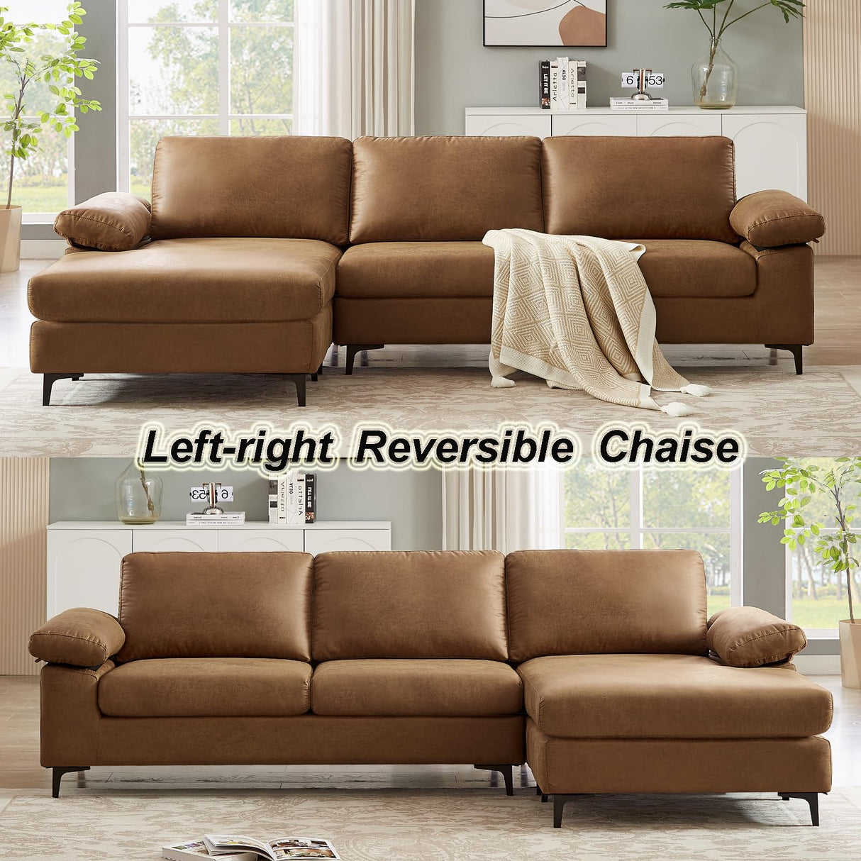 100.8" Sectional Sofa,Faux Leather Couch with Reversible Chaise,Mid-Century L Shaped Sofa Couch for Living Room, Apartment,Office (Brown, Sofa with Chaise) Chorlenimi